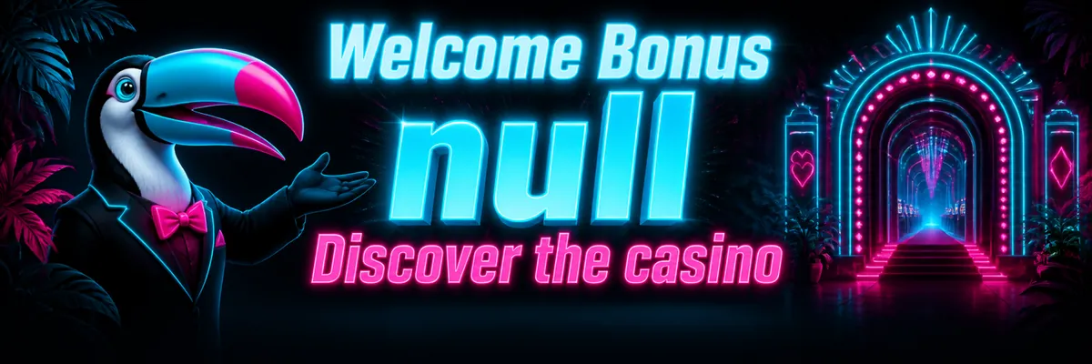 Neon toucan mascot presenting a welcome-themed casino scene in cyan and magenta.